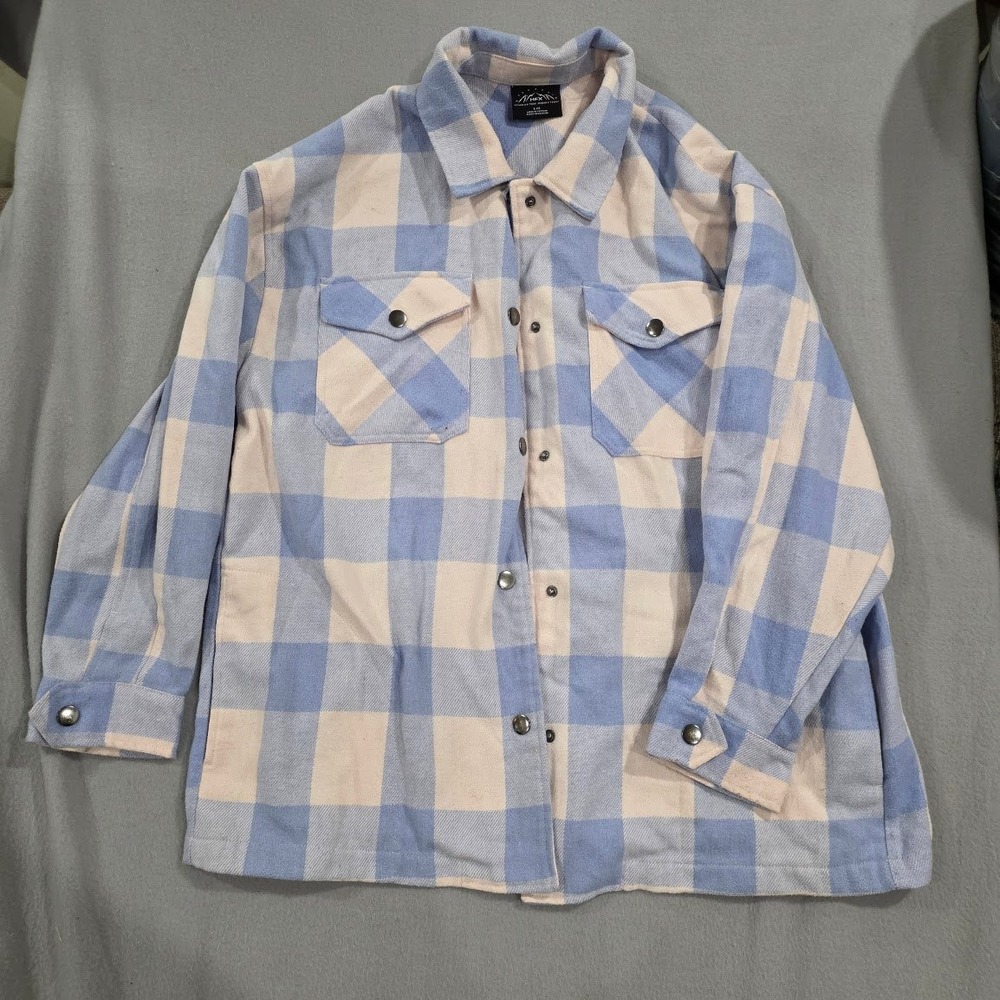 HFX Blue Cream Buffalo Plaid Shacket Oversized Flannel Snap Front Jacket Large